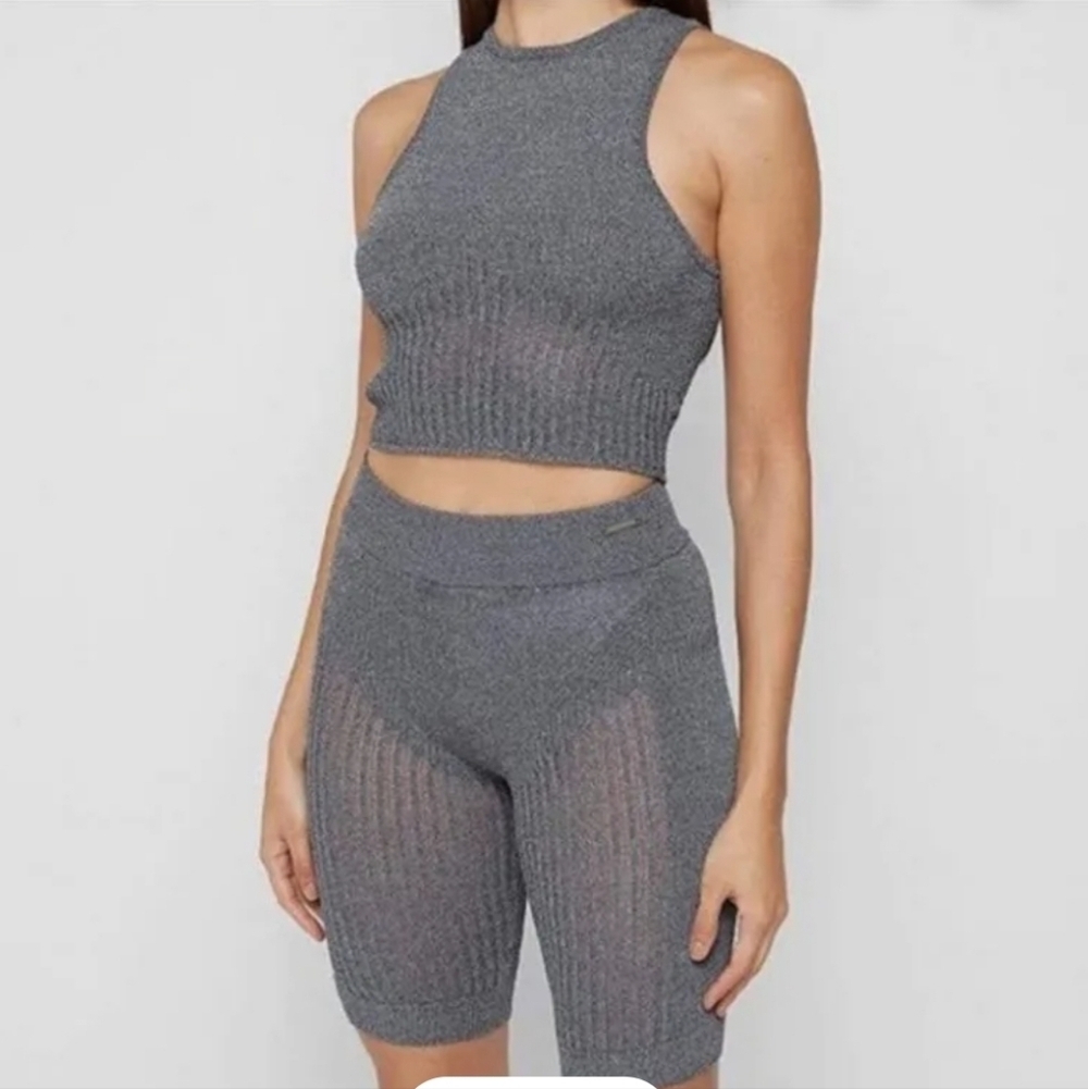 Maniere De Voir Women's Grey Biker Shorts Ribbed Stretchy Knit Lounge Casual